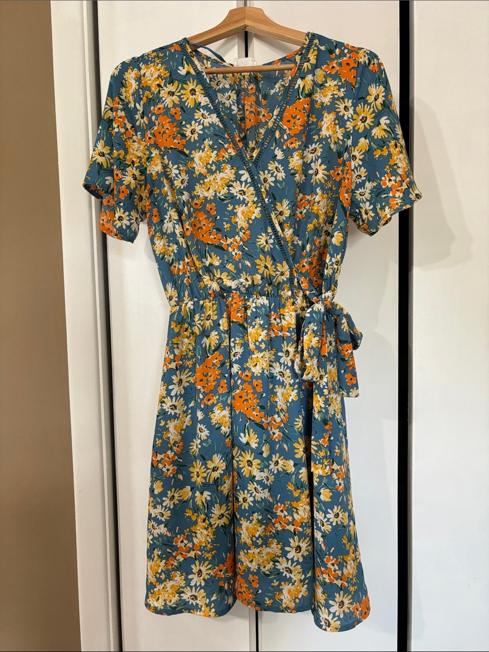 Sienna sky Floral Wrap-Style Women's Dress in Teal and Orange